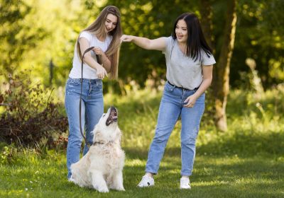 best-friends-taking-walk-with-their-dog